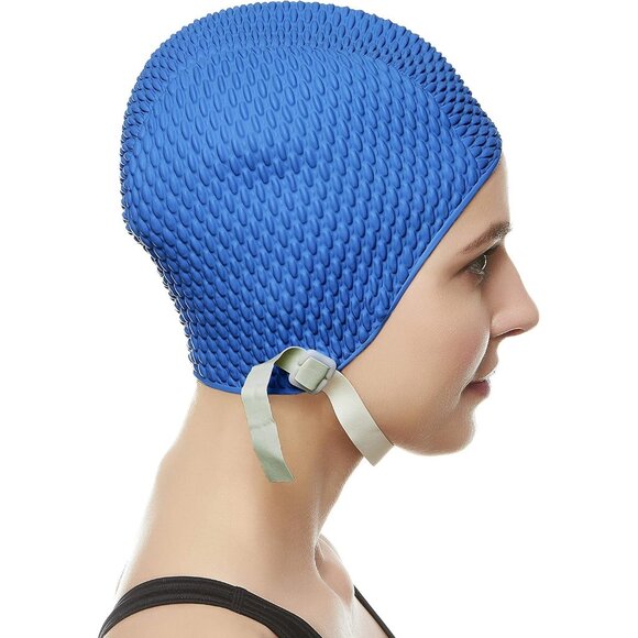Beemo Swim Cap Women Chin Strap Bubble Crepe Latex Long Short Hair - Navy - Picture 4 of 9